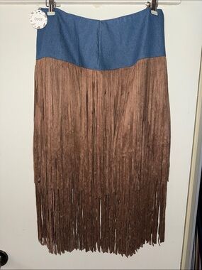 ODDY Blue Waistband with Brown Fringe Midi Skirt